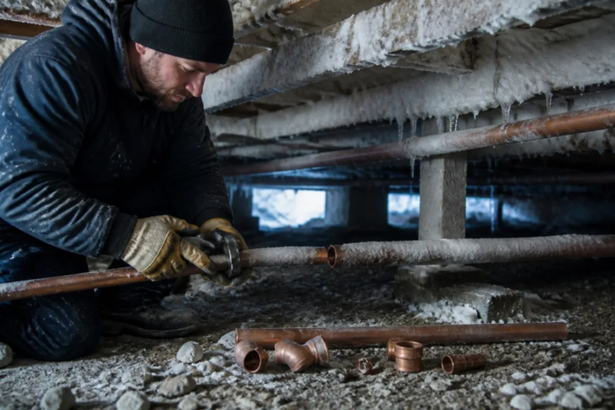 Plumber replacing a split copper pipe in a cold crawlspace, burst pipe repair in Denver, CO