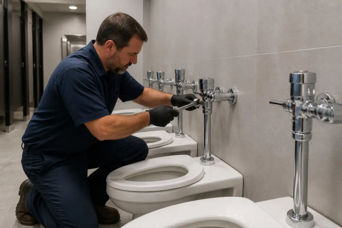 Plumber servicing commercial restroom flush valves, commercial plumbing in Denver, CO