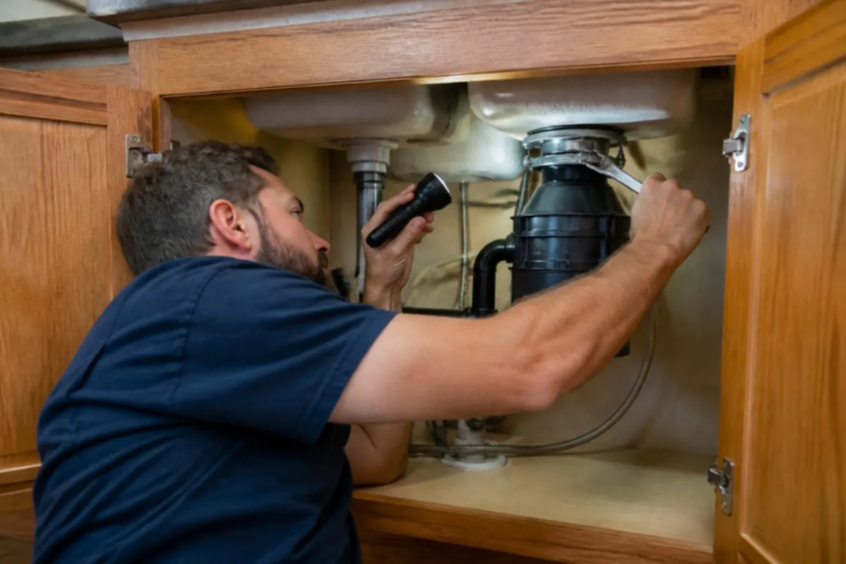 Plumber installing a garbage disposal under a kitchen sink, garbage disposals in Denver, CO