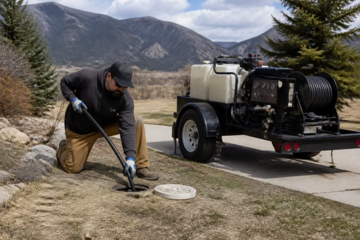 Plumber jetting a sewer line through an outdoor cleanout, hydro jetting in Denver, CO