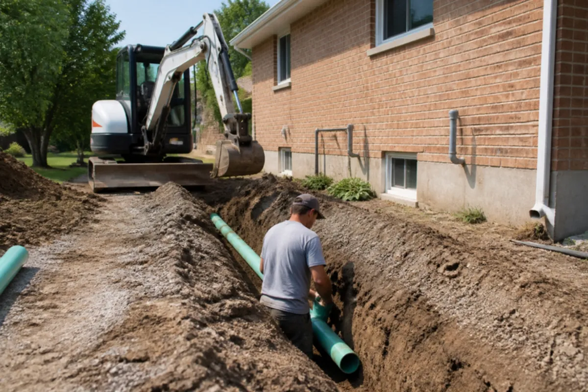 New PVC sewer line being laid in a trench beside a house, sewer line replacement in Denver, CO