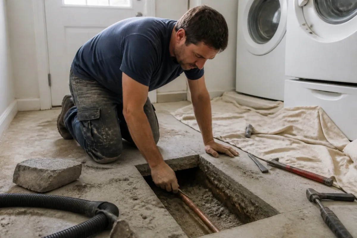 Plumber exposing a copper line under an opened concrete slab, slab leak repair in Denver, CO