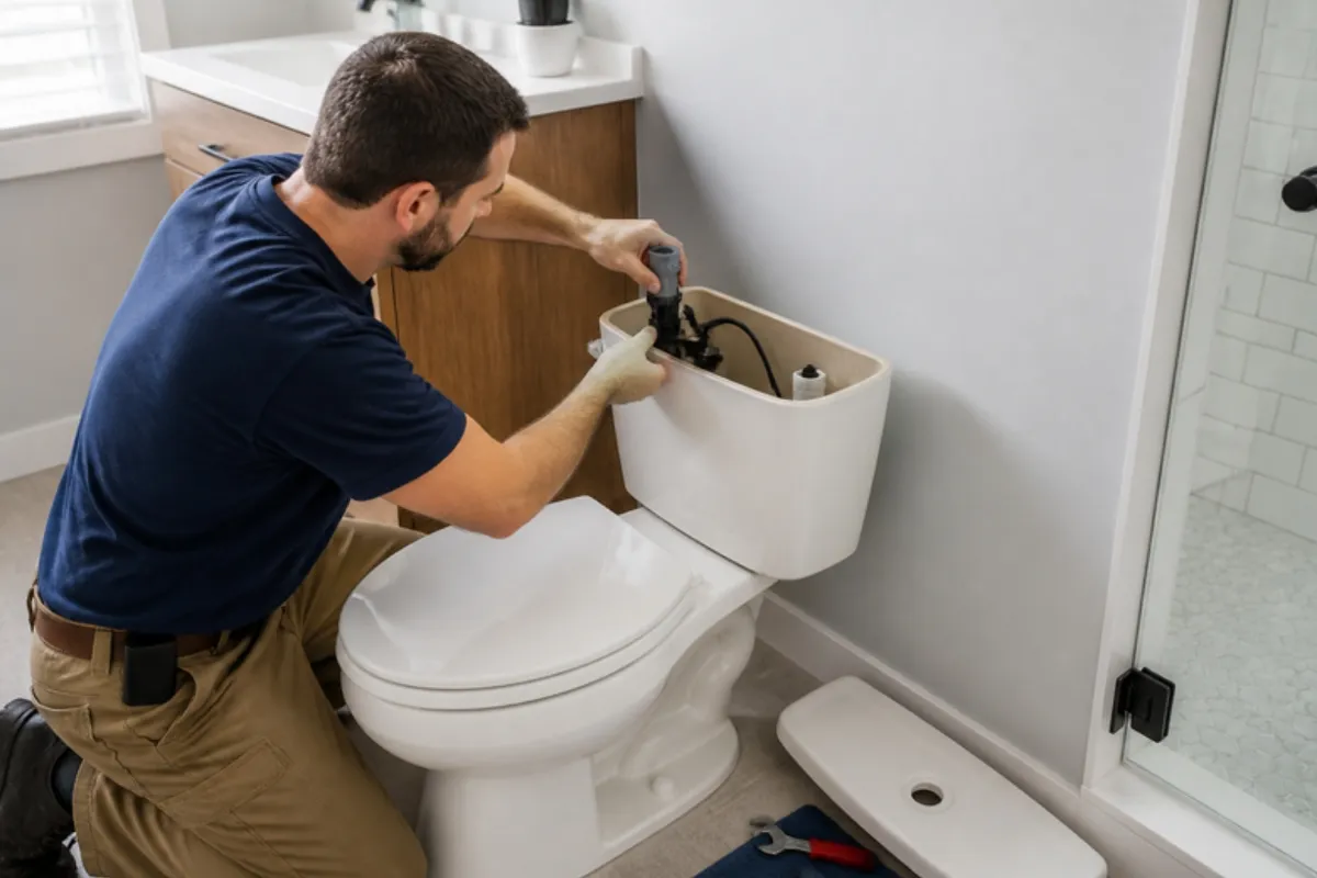 Plumber replacing the fill valve inside a toilet tank, toilet repair in Denver, CO