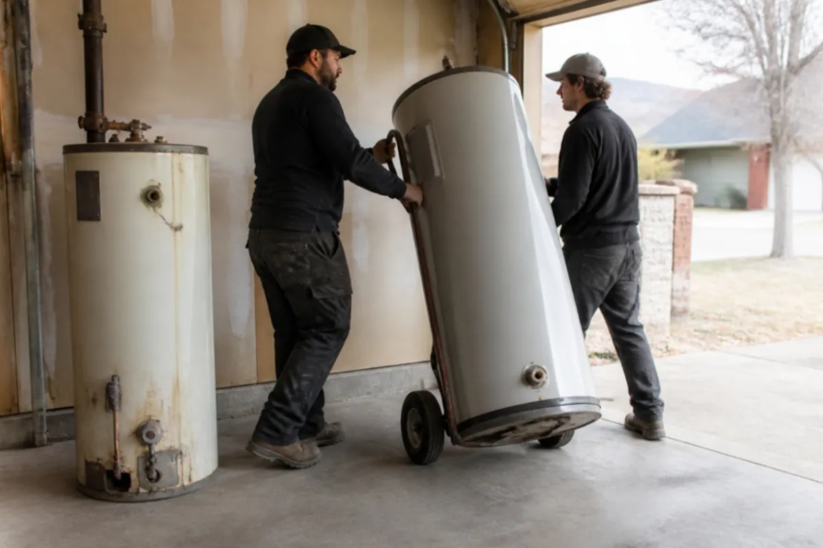 Plumbers moving a new tank water heater into a garage, water heater replacement in Denver, CO