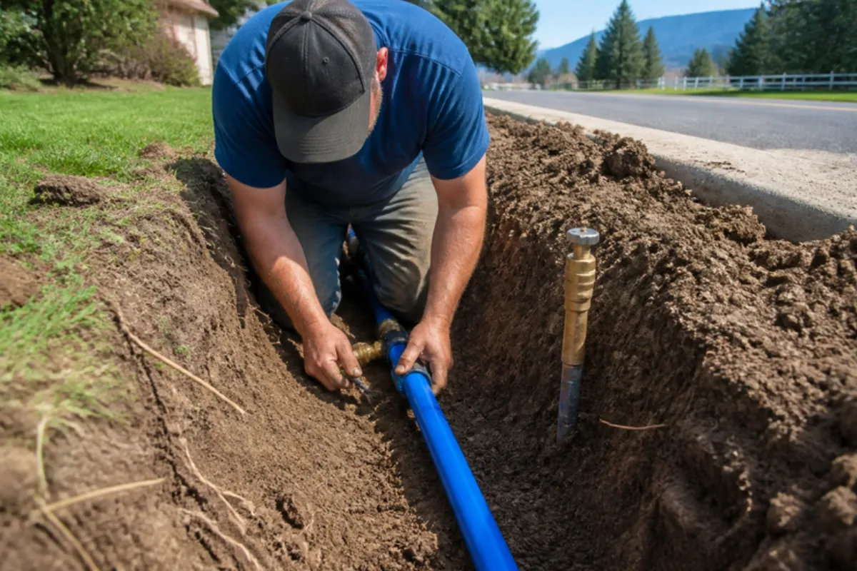 Plumber repairing a main water service line in a yard trench, water line repair in Denver, CO