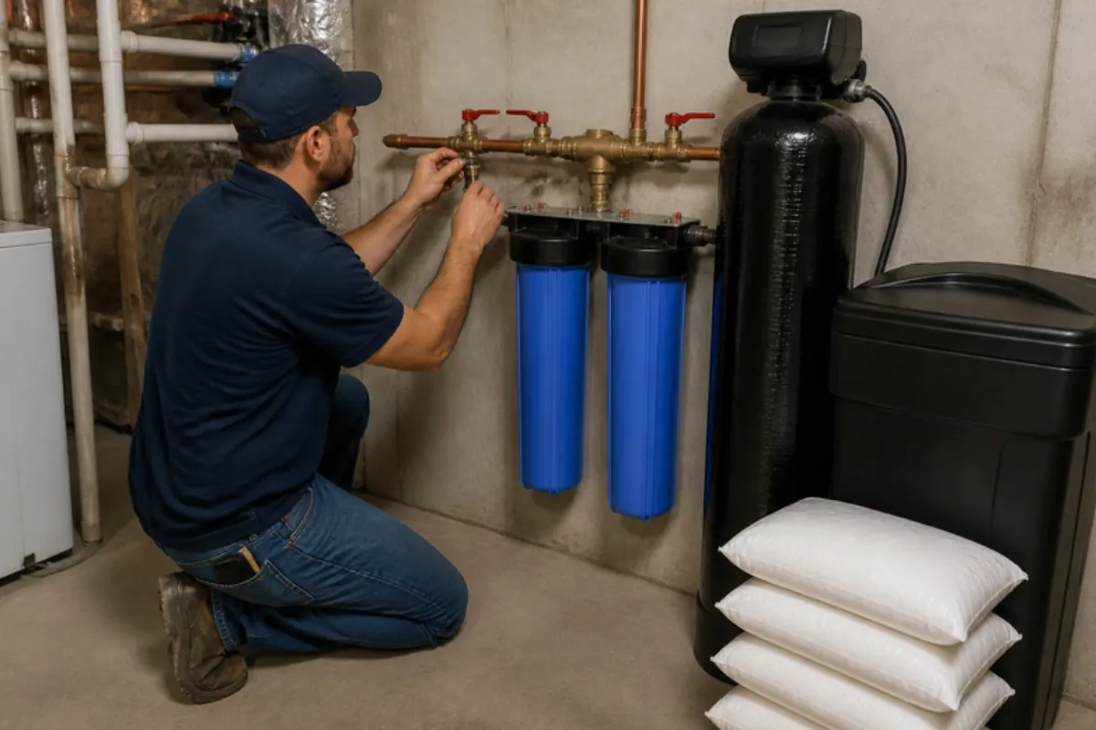 Plumber connecting a water softener and whole-house filter, water softeners & filtration in Denver, CO